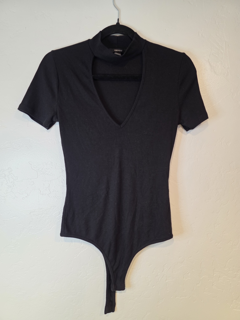 Forever 21 Black Short-Sleeve Mock Neck V-Cut Bodysuit